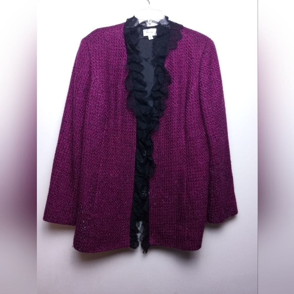 Neiman Marcus Exclusive Burgundy Red/Black Metallic Wool Blend Blazer size 16